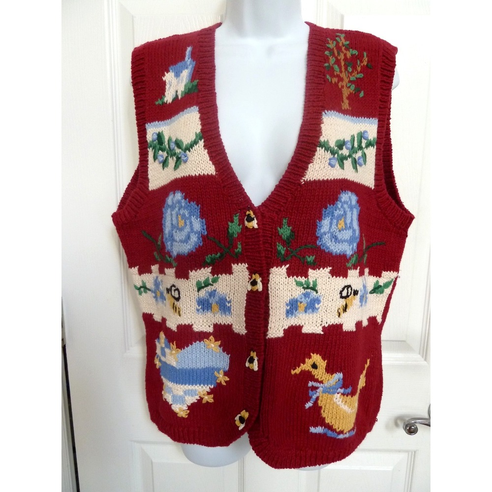 Eagle's Eye Women Red Garden Duck Heart Cottage Sweater Vest M NWT Grannycore